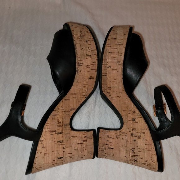 Authentic Fendi Black Leather Ankle Strap Cork Wedge Platform Heels Size 38/US 8 - Picture 9 of 16